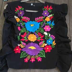 Embroidered Floral Ruffle Sleeve Top - Black